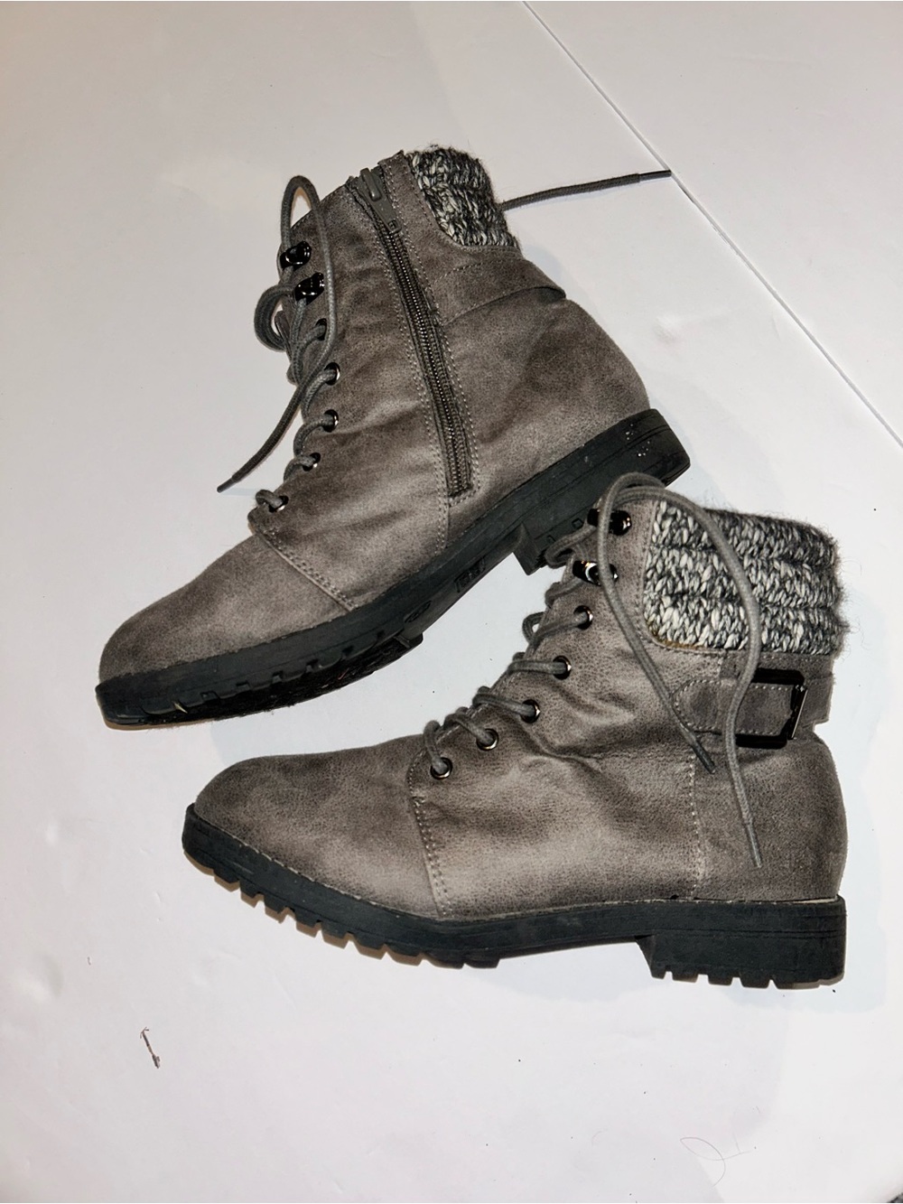 Falls Creek Gray Lace-Up Knit Cuff Ankle Boots